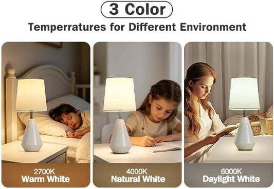 Small Bedside Table Lamp for Bedroom - Reading Desk Lamp with 3 Color Temperatures,15.5" Nightstand Ceramic Lamp with Fabric Shade for Kids Room,Living Room,Dorm,Home Office (White)