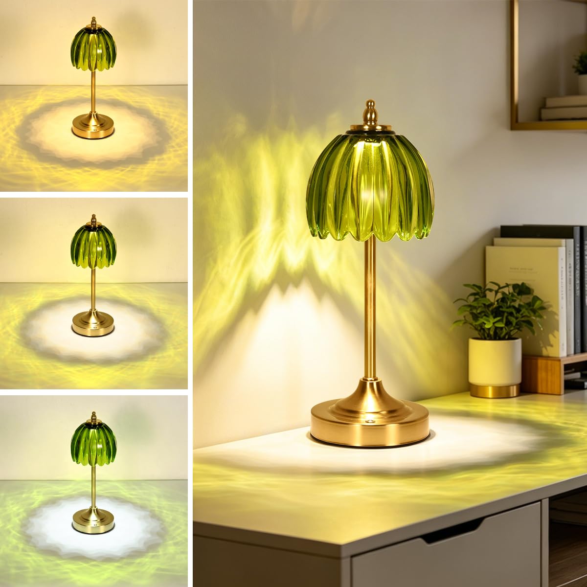 Glass Tulip Table Lamp, Cordless Rechargeable Desk Lamp - Green