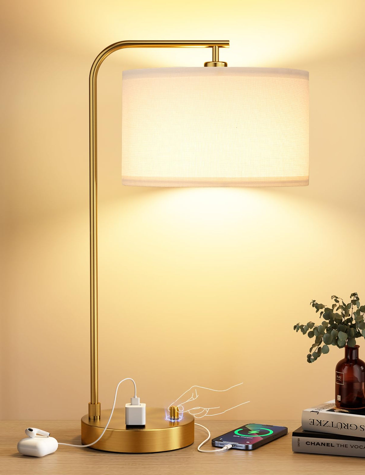 20.7" Tall Table Lamp with USB & Outlet, Fully Dimmable Nightstand Lamp