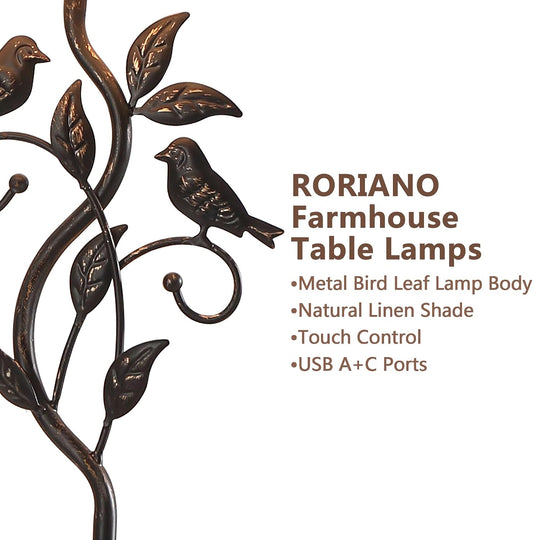 27" Touch Farmhouse Bird Table Lamps for Living Room with 2 USB C+A Ports