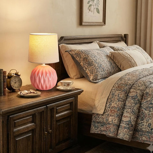 Pink Ceramic Table Lamp with Linen Shade, Small Bedside Lamp for Bedroom