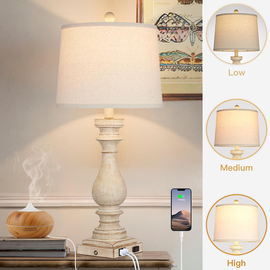 Cinkeda 29" Tall Table Lamp for Living Room Set of 2,Farmhouse Nightstand Bedside Lamps with USB C+A Ports & AC Outlet,3-Way Dimmable Touch Control Desk Lamp for Bedroom,Color 1