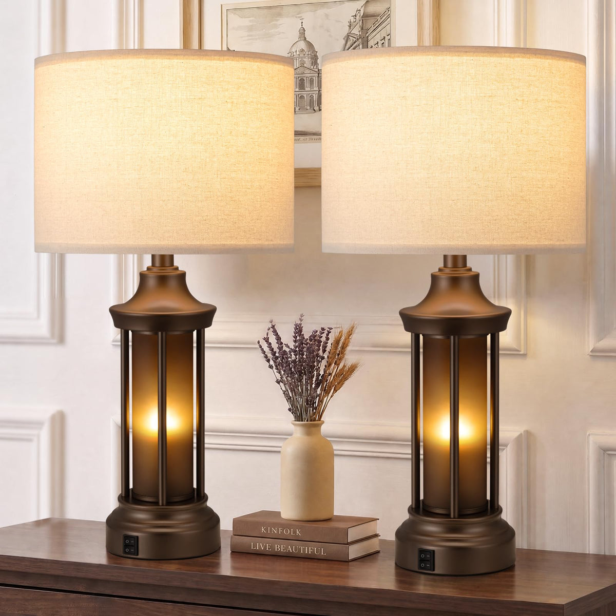 Seealle 24" Farmhouse Table Lamps for Living Room, Bedside Lamps Set of 2