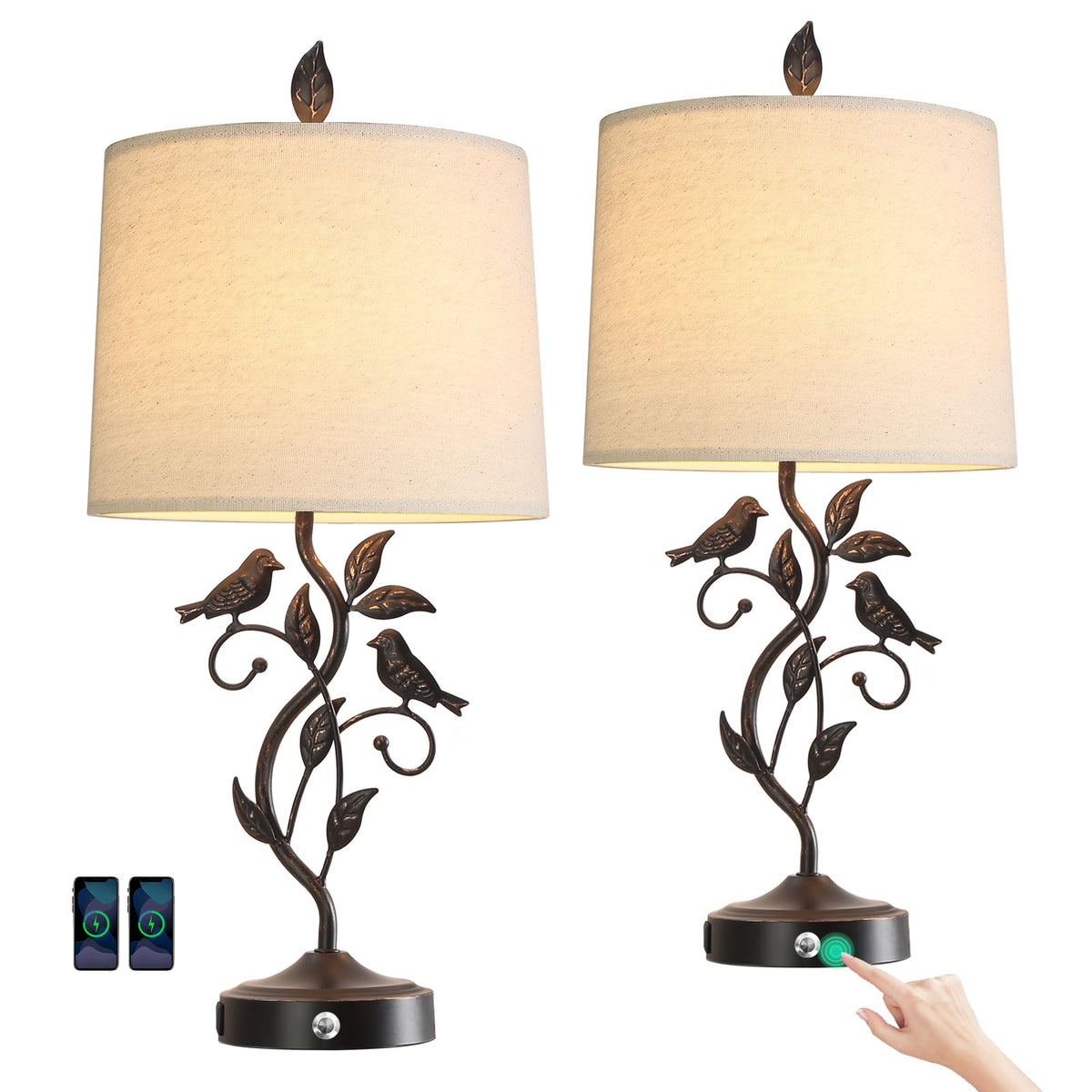 27" Touch Farmhouse Bird Table Lamps for Living Room with 2 USB C+A Ports