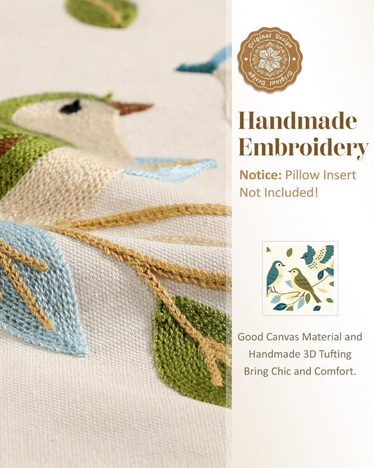 Animal Embroidered Throw Pillow Cover 18x18 Inch, Floral Birds