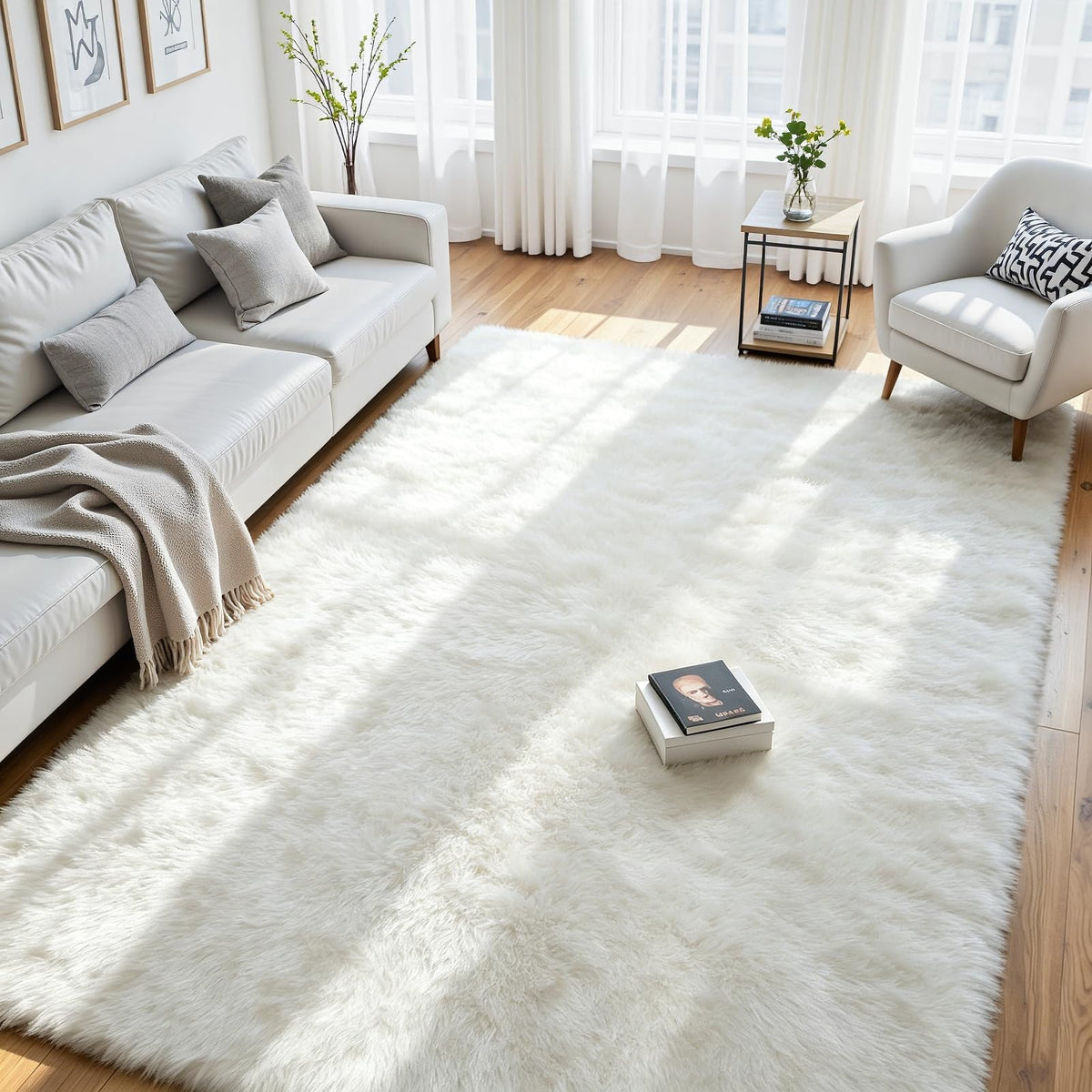 8x10 Fluffy Area Rug for Living Room: Non-Slip Grey Camel Bedroom Carpet