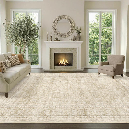 6x9 Ft Large Area Rugs for Living Room, Soft Non-Slip Machine Washable Rug, Vintage Stain Resistant Carpets for Bedroom Nursery Dining Room Home Decor (Beige)