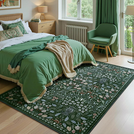Vasofe 4x6 Rug for Bedroom,Washable Rugs for Living Room, Dining Room, Indoor Floor Mat, Vintage Floral Mats for Nrusery, Farmhouse, Laundry Room, Non Slip Low Pile Soft Modern Carpet, Green