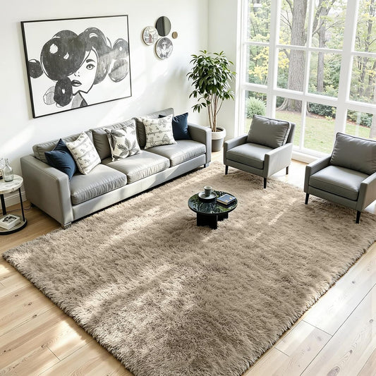 8x10 Fluffy Area Rug for Living Room: Non-Slip Grey Camel Bedroom Carpet