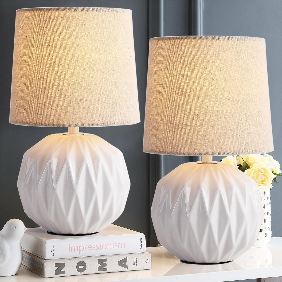 Pink Ceramic Table Lamp with Linen Shade, Small Bedside Lamp for Bedroom