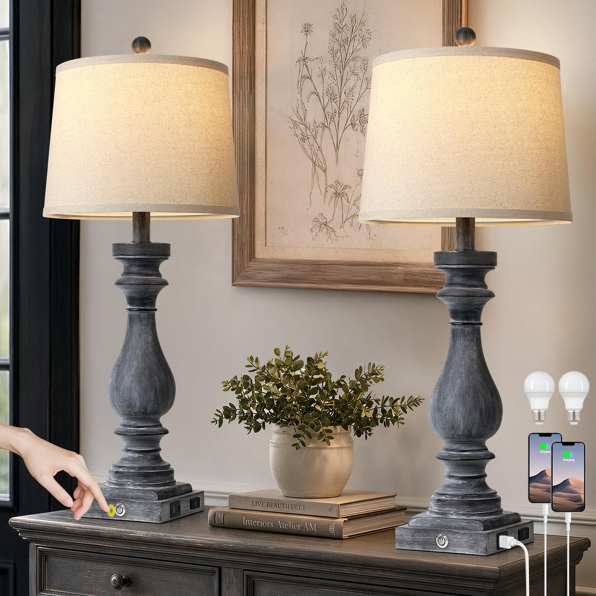 Cinkeda 29" Tall Table Lamp for Living Room Set of 2,Farmhouse Nightstand Bedside Lamps with USB C+A Ports & AC Outlet,3-Way Dimmable Touch Control Desk Lamp for Bedroom,Color 1