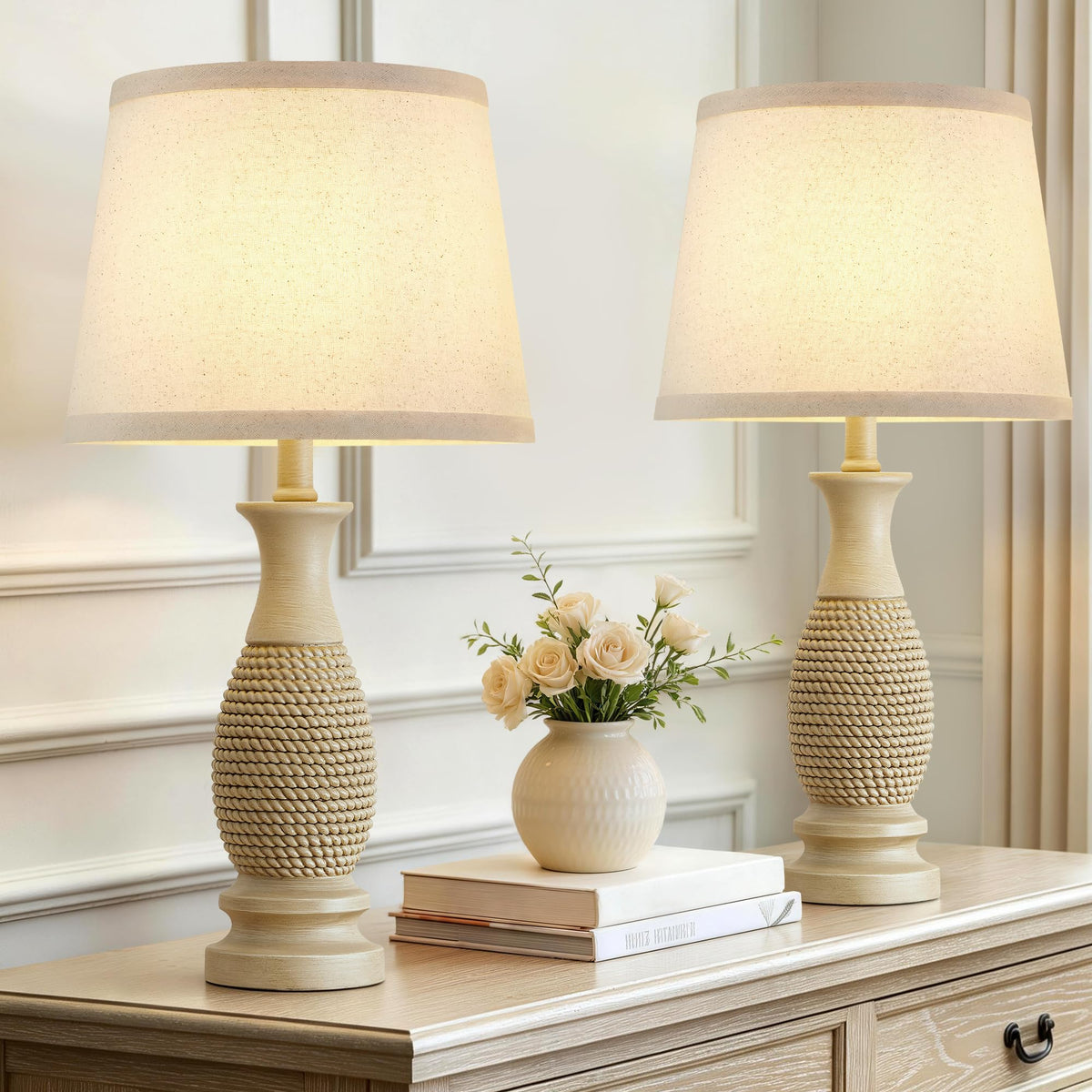 21.6" Table Lamps Set of 2, Resin Farmhouse Bedside Lamps for Bedroom Cream