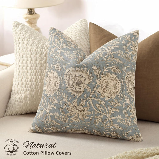 Vintage Floral Print Throw Pillow Covers 18x18 Set of 2 Neutral Modern Farmhouse Pillowcases Accent Decorative Cushion Covers Boho Home Decor for Couch Sofa Chair Bed Living Room, Sky Blue