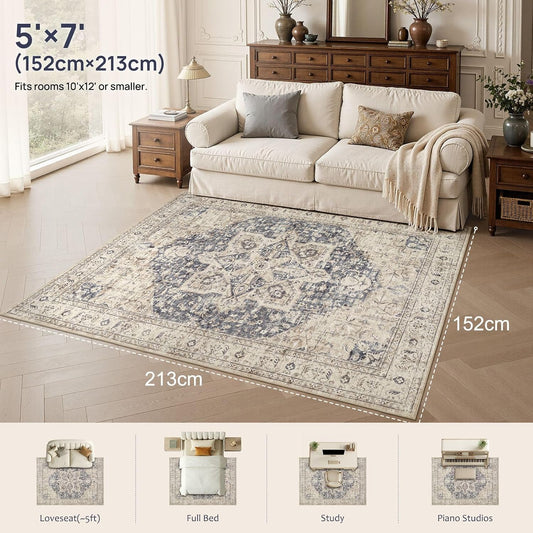 Tortania Area Rug 5x7 Living Room Rug Washable Soft Cream/Blue