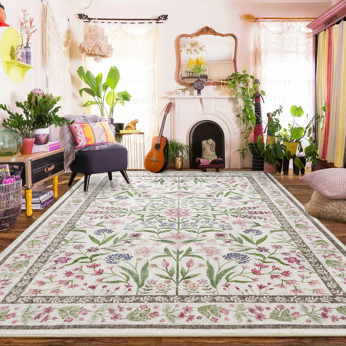 Amearea 6x9 Pink Rugs for Bedroom Girls, Floral Area Rugs for Living Room