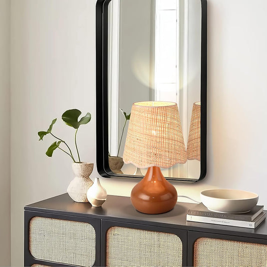 Ziqqeelam Brown Small Bedside Table Lamp for Bedroom, Farmhouse Bedroom Lamps for Nightstand, Rattan Lamp Shade Table Lamps for Small Spaces for Kitchen Counter, Home Office, Living Room, Kids Dorm