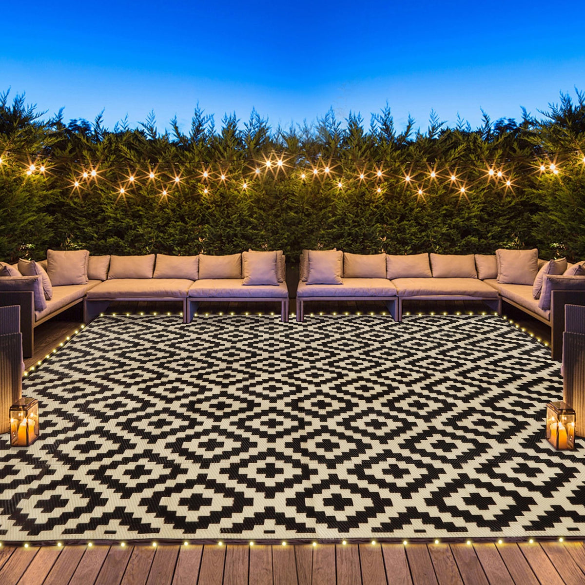 SAND MINE Waterproof Outdoor Rug 5x8 ft, Plastic Reversible Rug, Modern Area Rug, Large Floor Mat for Outdoors, RV, Patio, Backyard, Deck, Picnic, Beach, Camping, Black & Beige
