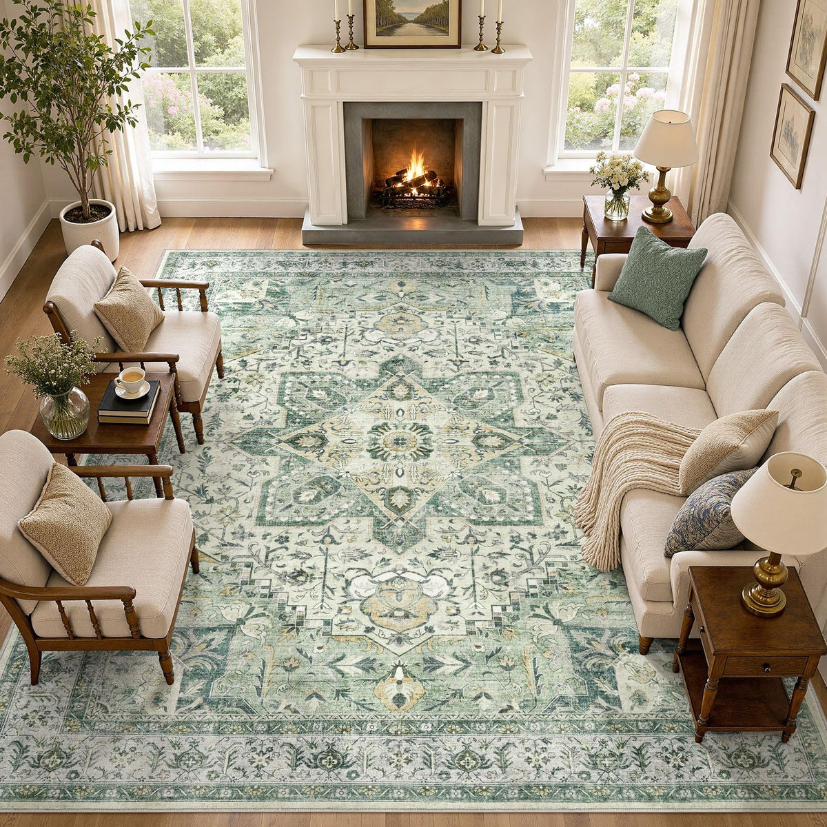 Tortania Area Rug 5x7 Living Room Rug Washable Soft Cream/Blue
