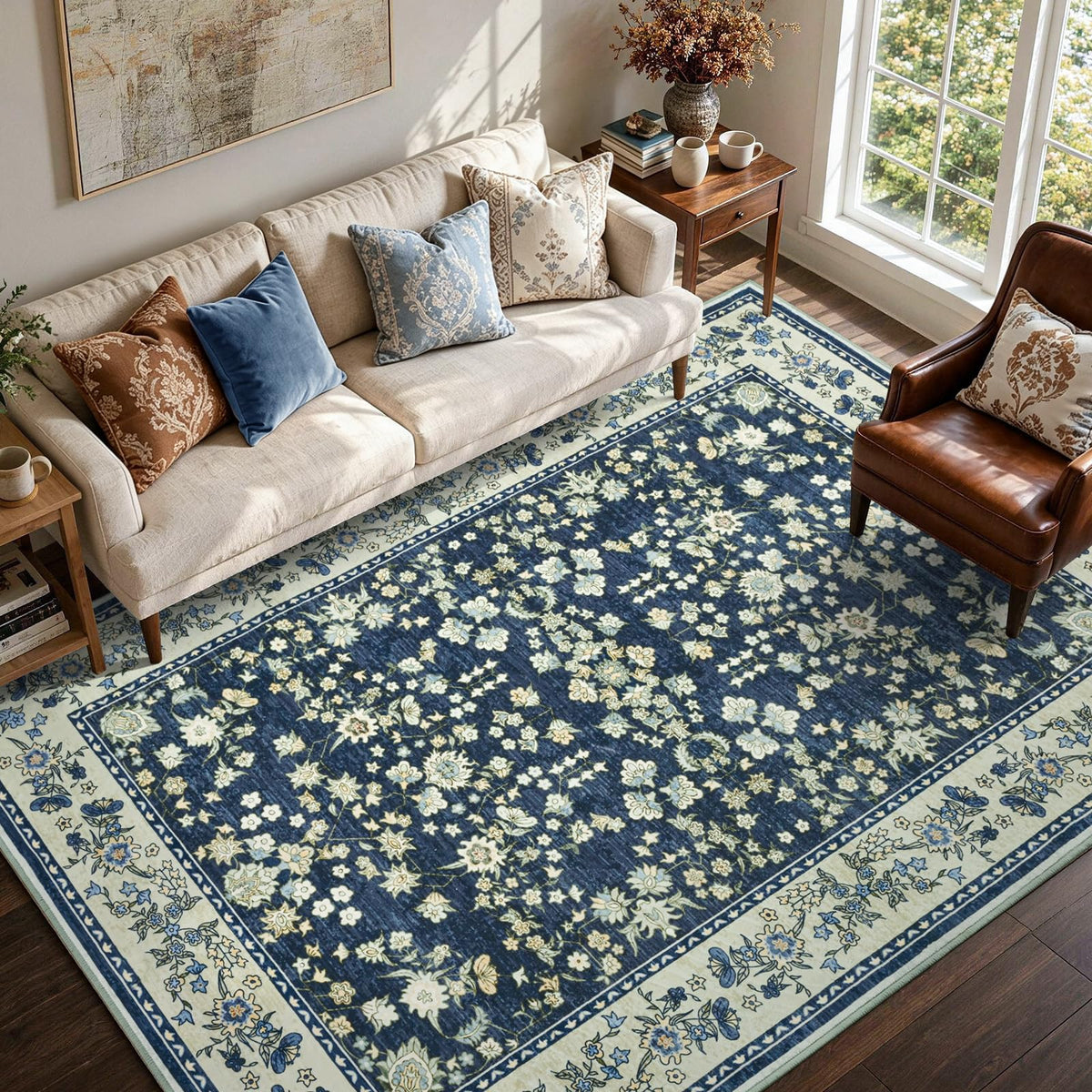 6x9 Ft Abstract Washable Area Rugs for Living Room Blue