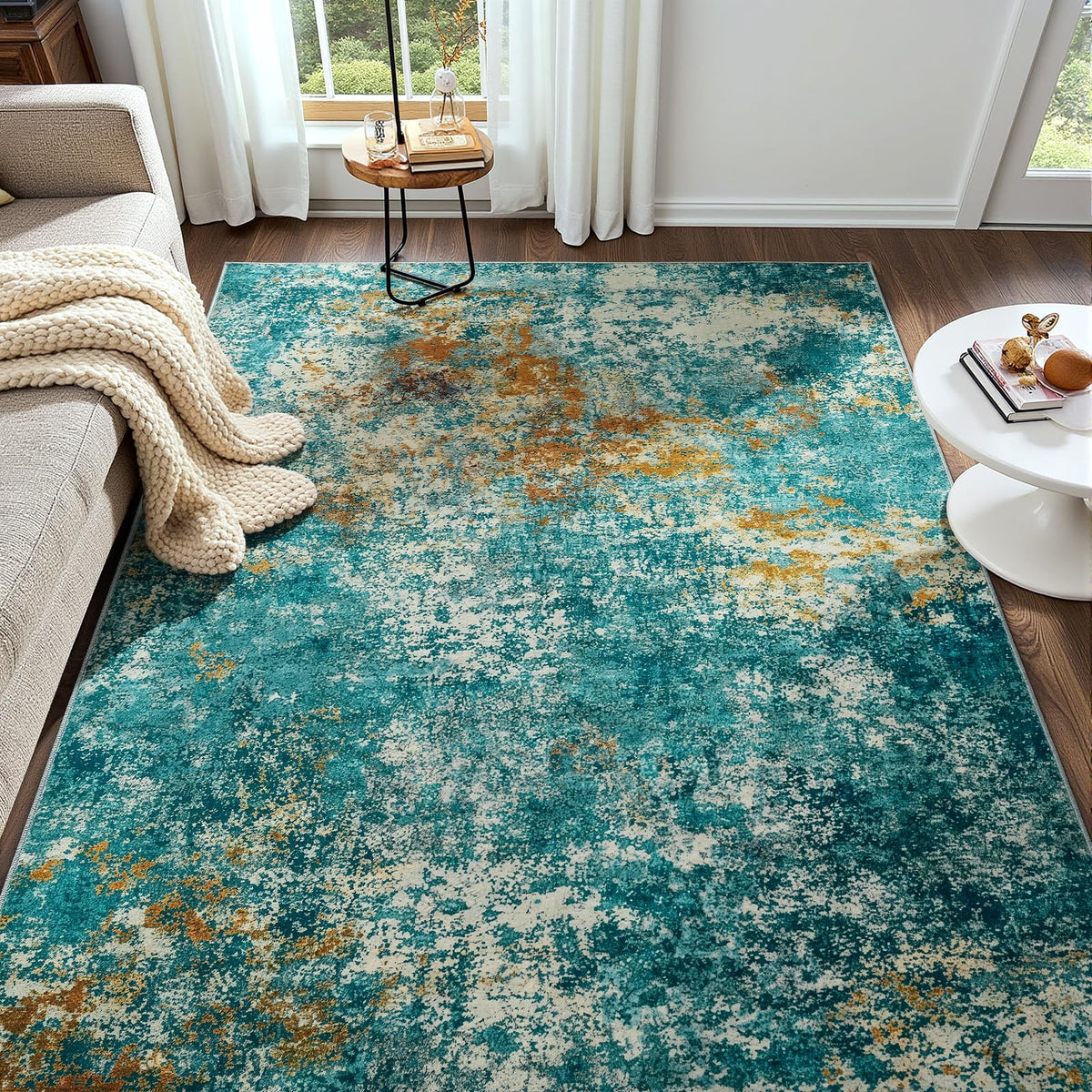 Modern Abstract 3x5 Rug, Non Slip Entryway Rug, Soft Machine Washable Rugs for Indoor Entry, Low Pile Stain Resistant Distressed Rug for Living Room, Bedroom, Dark Grey Blue