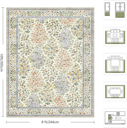 8x10 Area Rugs, Machine Washable Low Pile Floral Rugs for Living Room, Bedroom, Large Boho Area Rug with Non-Slip Backing for Dining Room(Beige Floral)