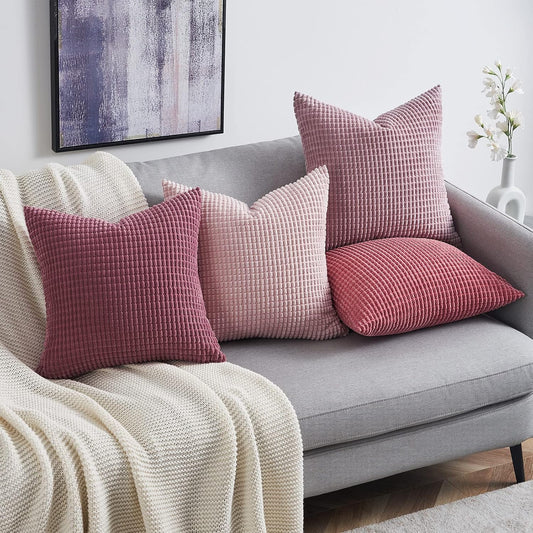 Topfinel Aesthetic Pink Room Decor Throw Pillows Covers for Couch Living Room Bedroom, Coquette Room Decorative Fluffy Corduroy Cushion Cover 18x18 Inch Set of 4 (Blush/Rose/Hot Pink)