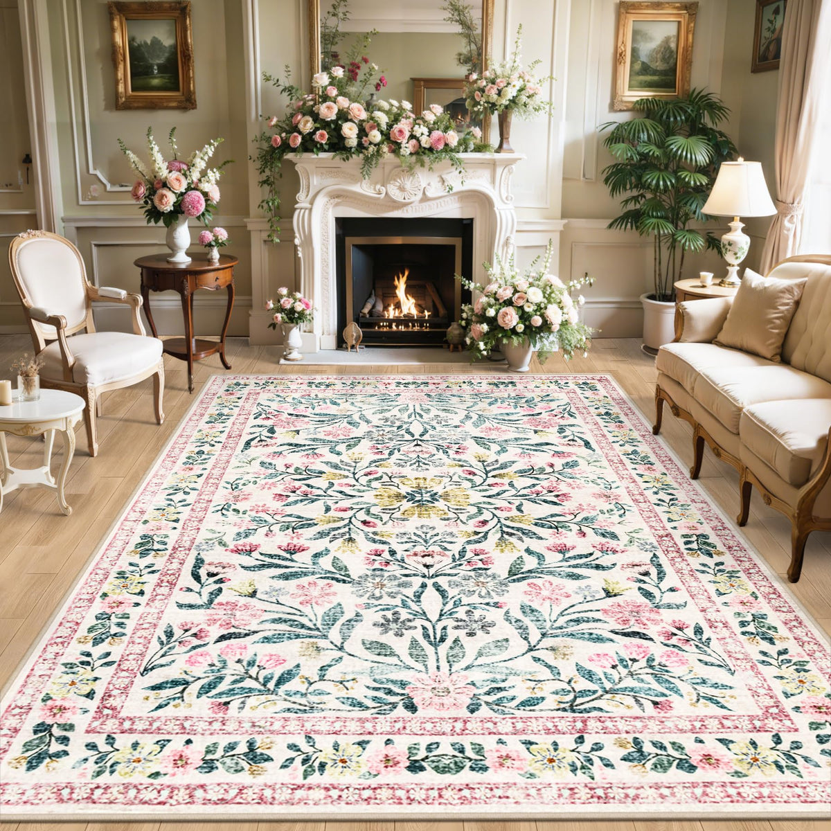 PLHXFR Area Rug Living Room: 5x7 Floral Washable Boho Carpet Dark Green
