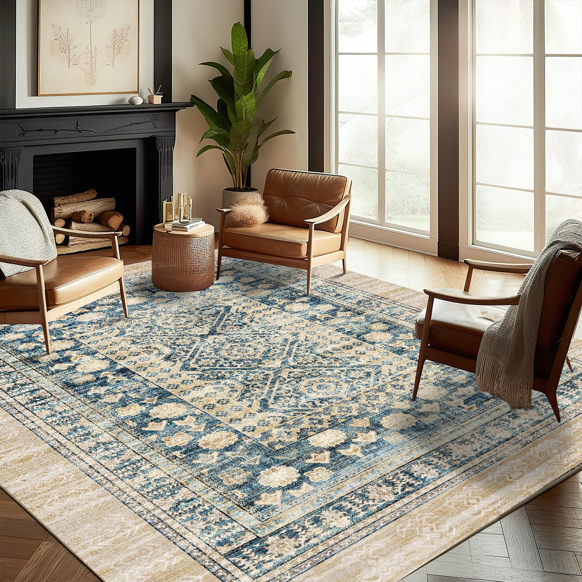 CHAMPLANT 6'x9' Washable Vintage Area Rug Boho Chic Medallion Distressed Design Non-Shedding Easy Care Ideal for High Traffic Areas in Living Room Bedroom Kitchen Office Large Carpet