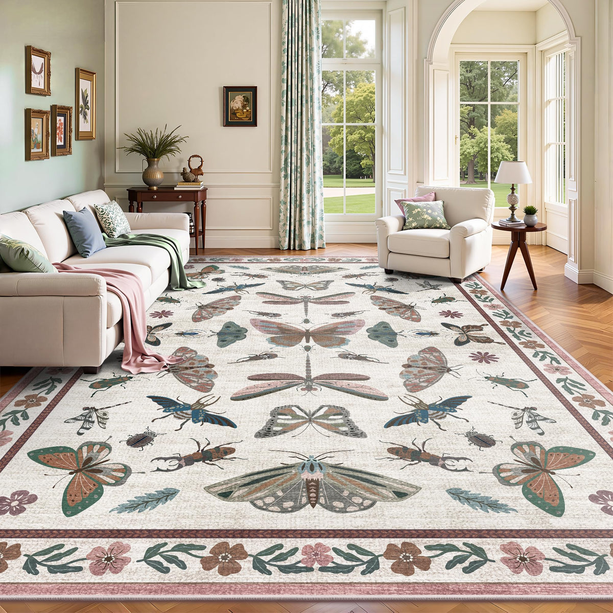 8x10 Area Rugs, Machine Washable Low Pile Floral Rugs for Living Room, Bedroom, Large Boho Area Rug with Non-Slip Backing for Dining Room(Beige Floral)