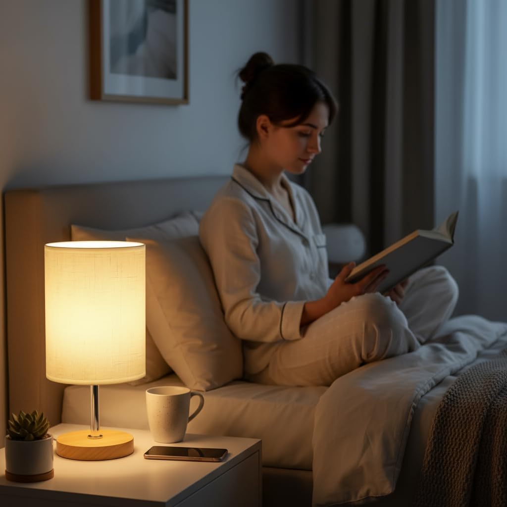 Small Table Lamp for Bedroom, Bedside Lamp with 3000K Warm LED Bulb Included, Nightstand Lamp for Living Room Office Dorm Kids Room, Easy Assemble Minimalist Cream Shade & Wood Base(5W)