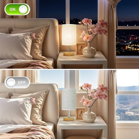 Small Table Lamp for Bedroom, Bedside Lamp with 3000K Warm LED Bulb Included, Nightstand Lamp for Living Room Office Dorm Kids Room, Easy Assemble Minimalist Cream Shade & Wood Base(5W)