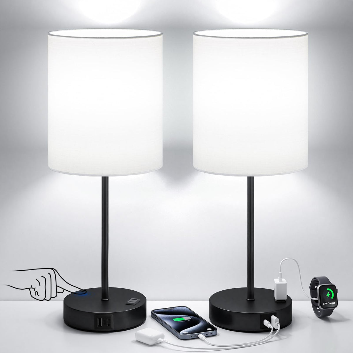 Fenmzee Touch Lamps for Bedroom Set of 2 - Dimmable, USB C+A, AC Outlet