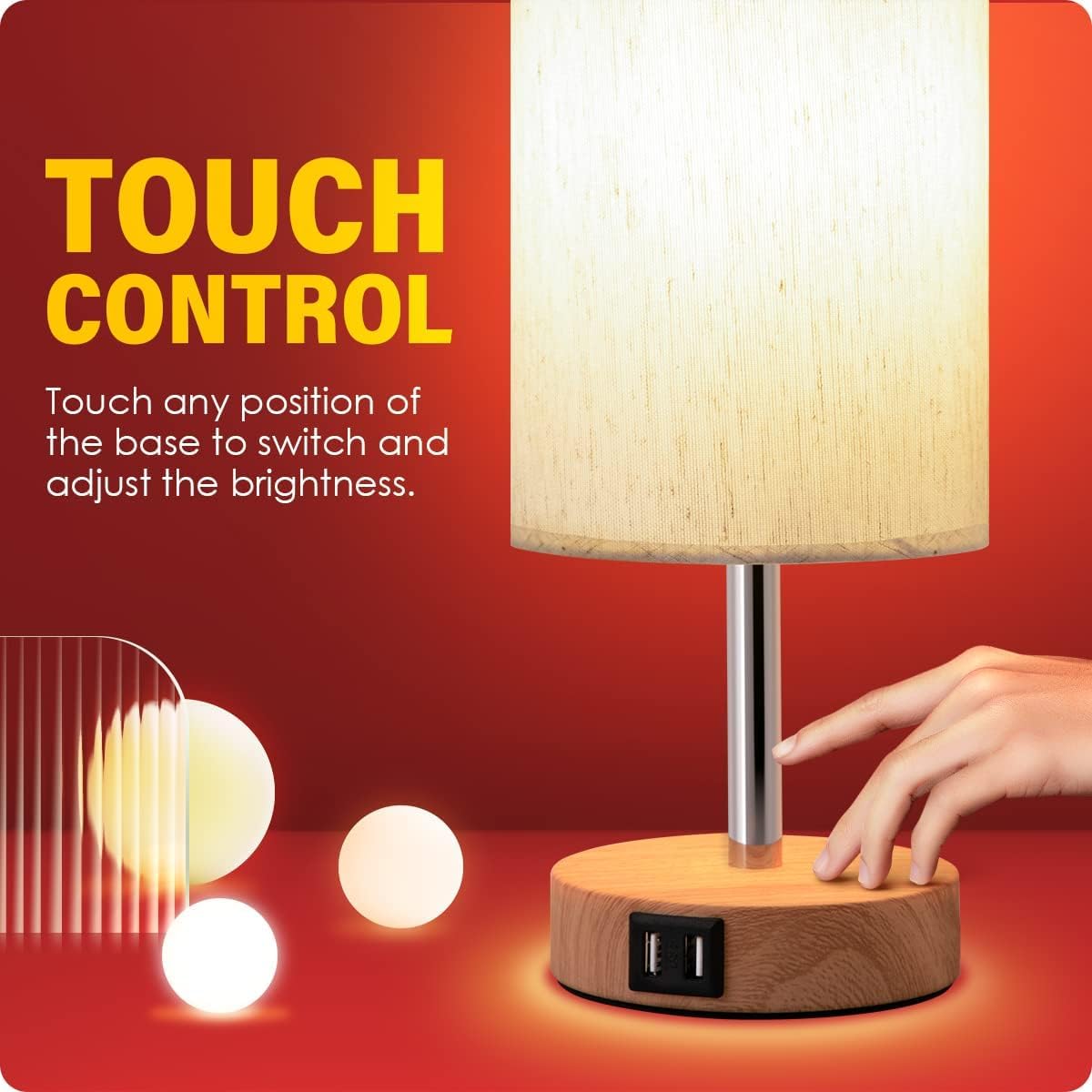 Yarra-Decor Bedside Table Lamp with USB Ports, Touch Dimmable Nightstand