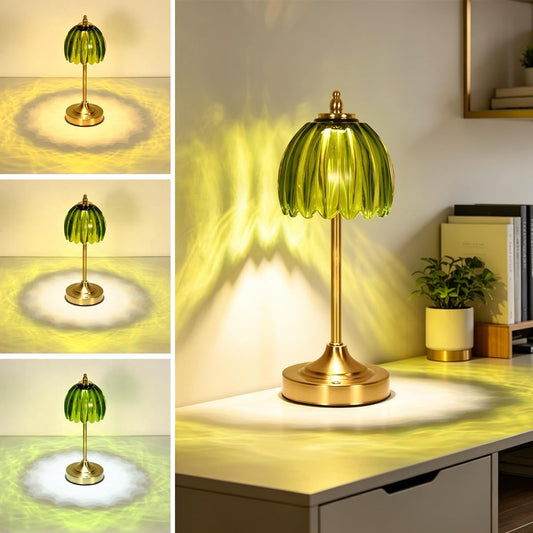Glass Tulip Table Lamp, Cordless Rechargeable Desk Lamp - Green