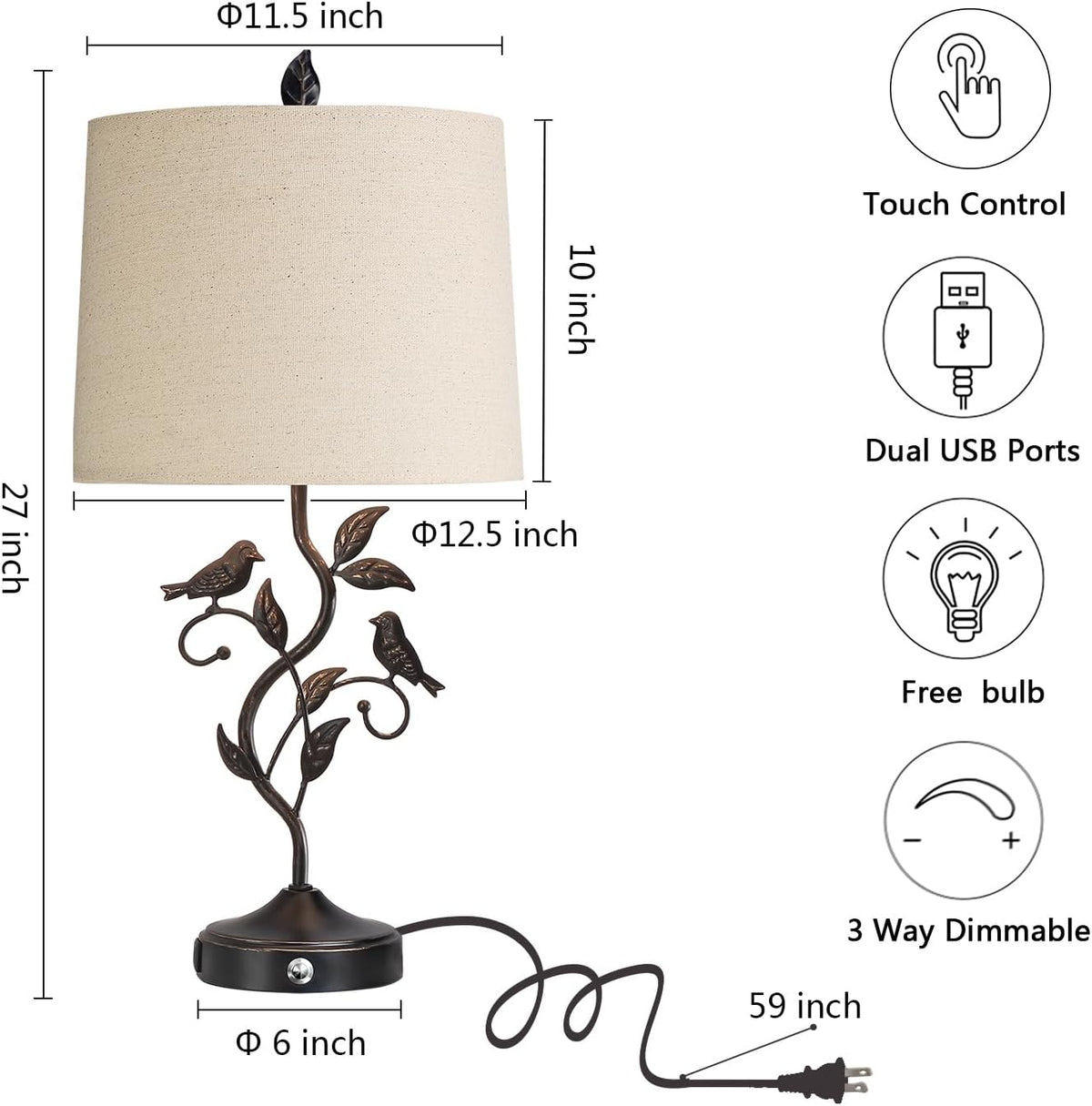 27" Touch Farmhouse Bird Table Lamps for Living Room with 2 USB C+A Ports