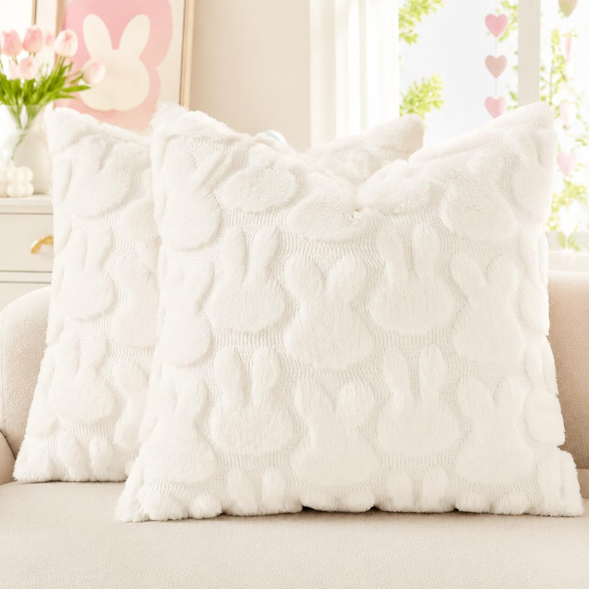 decorUhome Faux Fur Plush Soft Beige Throw Pillow Covers 18x18 Set of 2