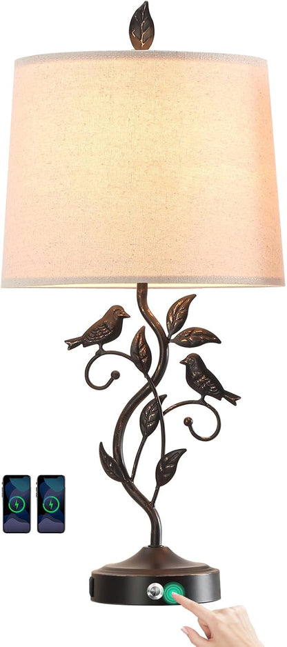 27" Touch Farmhouse Bird Table Lamps for Living Room with 2 USB C+A Ports
