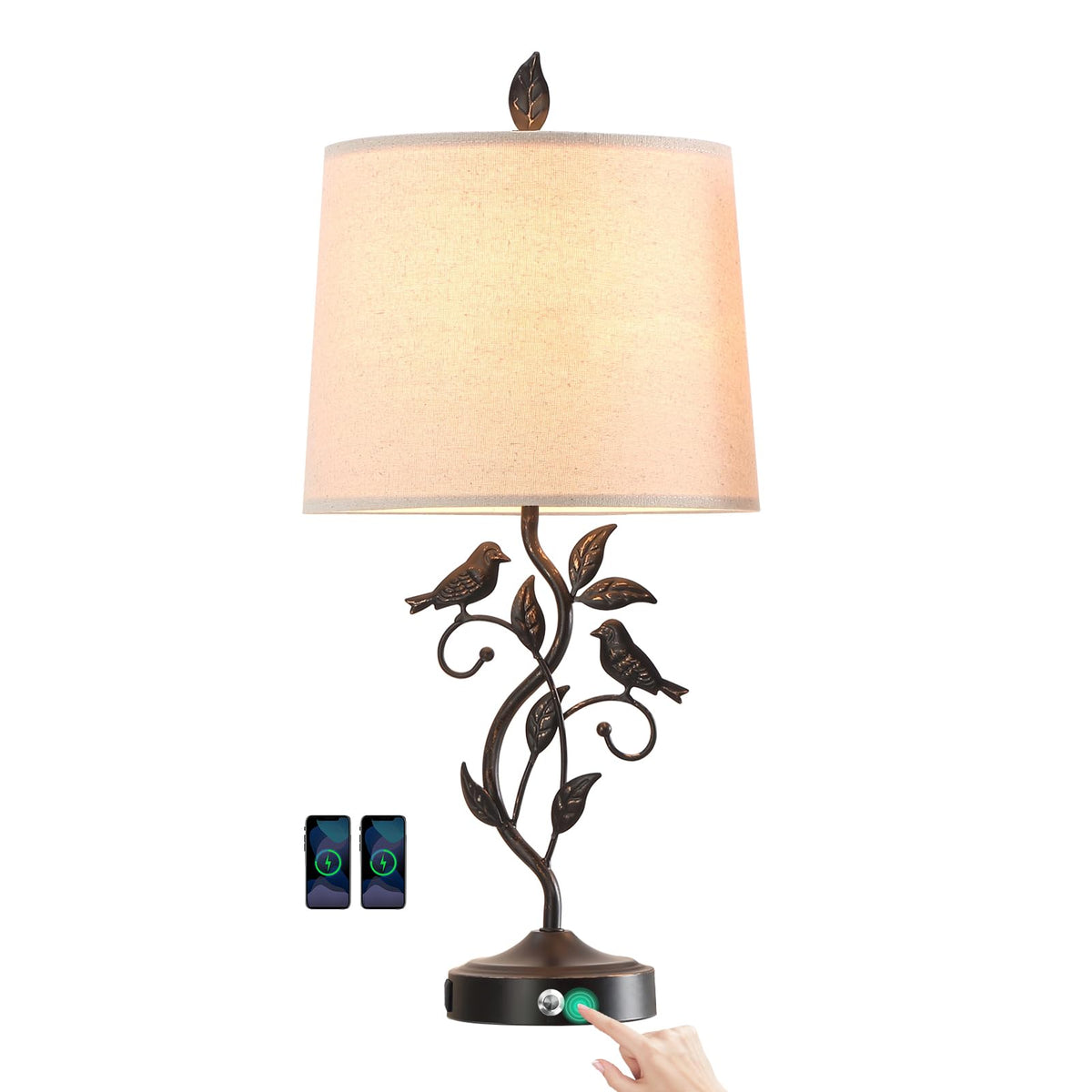 27" Touch Farmhouse Bird Table Lamps for Living Room with 2 USB C+A Ports