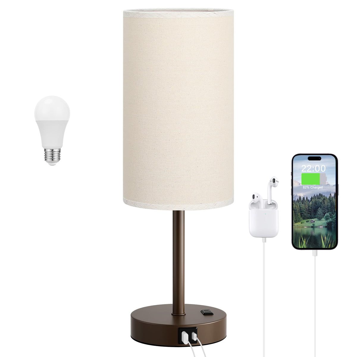 Dicoool Bedside Table Lamp for Bedroom - 3-Way Dimmable Touch Lamp, USB A+C