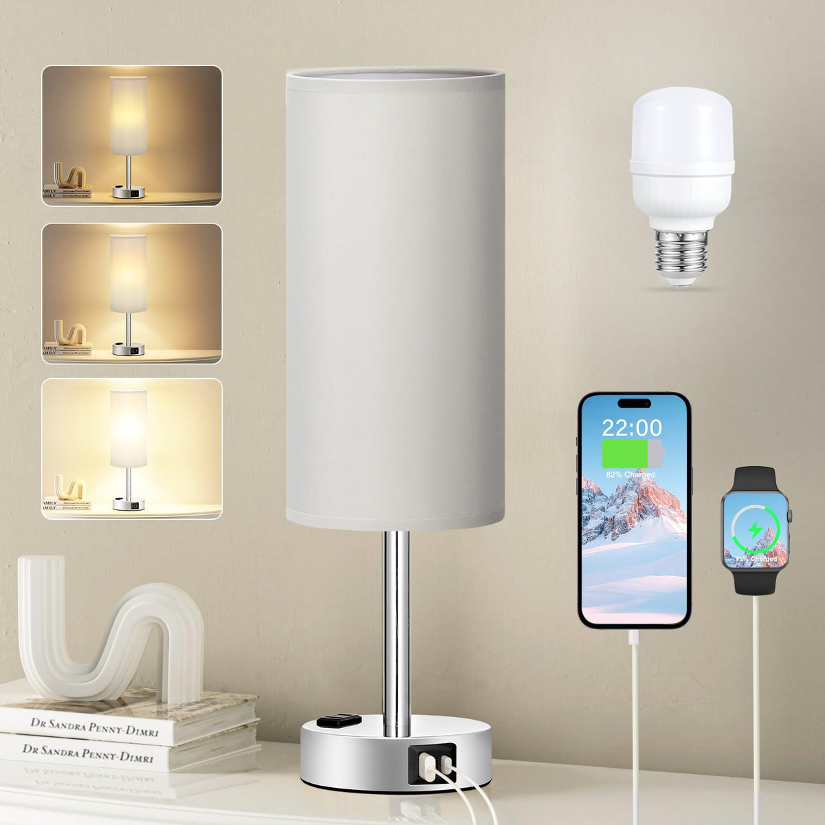 Fenmzee Bedside Table Lamp for Bedroom - Dimmable Touch, USB A+C, AC Outlet