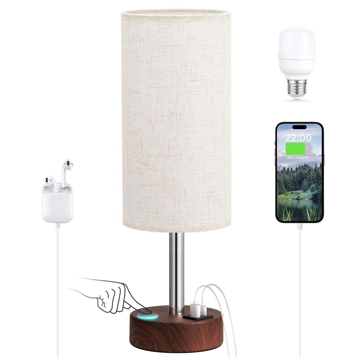 Dicoool Bedside Table Lamp for Bedroom - 3-Way Dimmable Touch Lamp, USB A+C