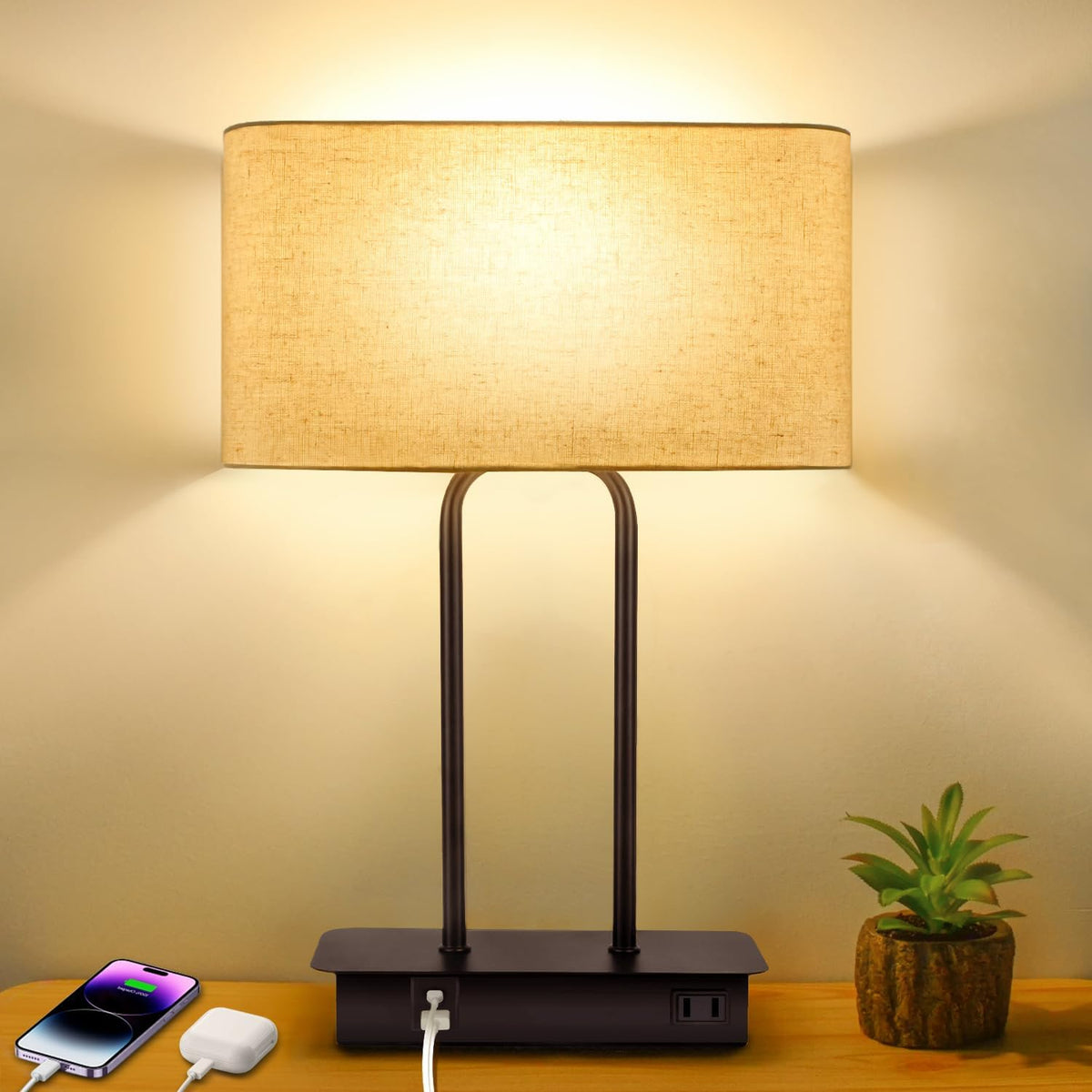 BesLowe 16’’ Table Lamp for Bedroom, Bedside Nightstand Lamp with LED Bulb