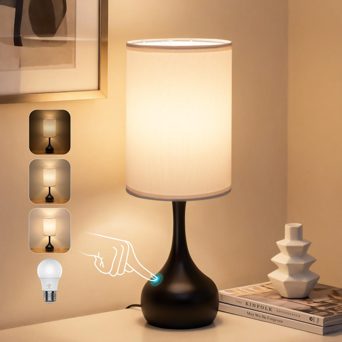ONEWISH Touch Bedside Lamp, Farmhouse 3-Way Dimmable Table Lamps for Nightstand with Fabric Shade, 17.32'' Desk Lamp for Reading, Bedroom, Livingroom, Office, Corded