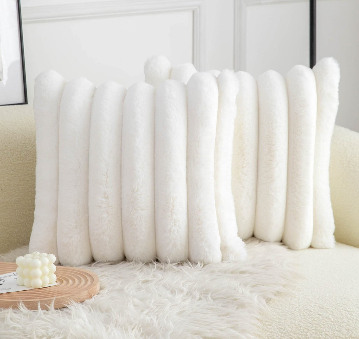 Neelvin Pink Faux Fur Cozy Soft Striped Decorative Throw Pillow Covers 18x18 inch Set of 2,Velvet Pillowcase Cushion Case for Sofa Couch