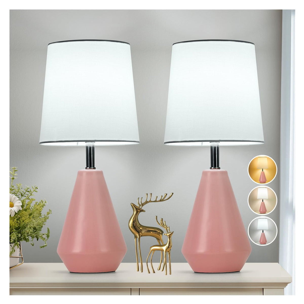 Small Bedside Table Lamp for Bedroom - Reading Desk Lamp with 3 Color Temperatures，15.5" Nightstand Ceramic Lamp with Fabric Shade for Kids Room,Living Room,Dorm,Home Office (White)