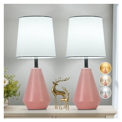 Small Bedside Table Lamp for Bedroom - Reading Desk Lamp with 3 Color Temperatures，15.5" Nightstand Ceramic Lamp with Fabric Shade for Kids Room,Living Room,Dorm,Home Office (White)