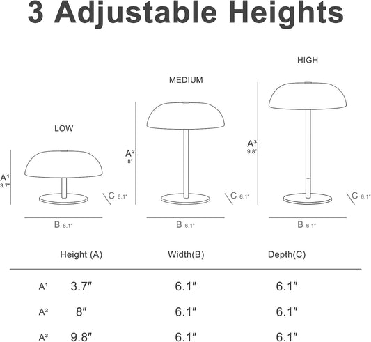 Portable LED Mushroom Table Lamp, Cordless Gold Table Lamp with 3 Color Stepless Dimming, Touch Control, Adjustable Height, Touch Lamp for Nightstand, Bedroom, Coffee Table, Bar, Restaurant (Golden)
