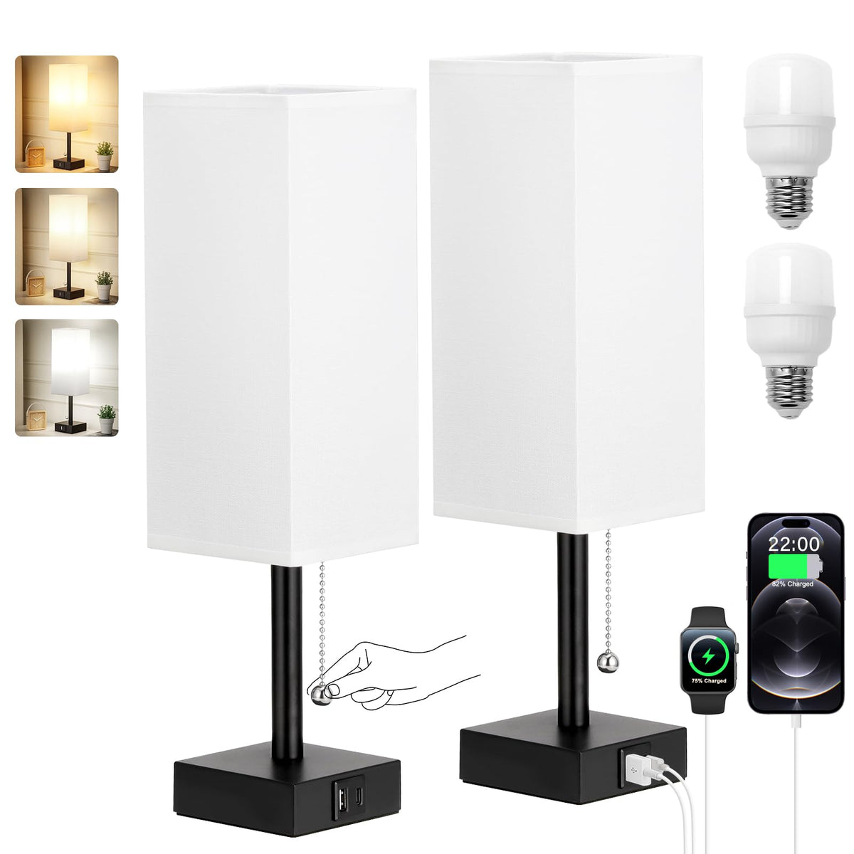 Small Bedside Table Lamp for Bedroom - Desk Lamp For Nightstand, USB C+A