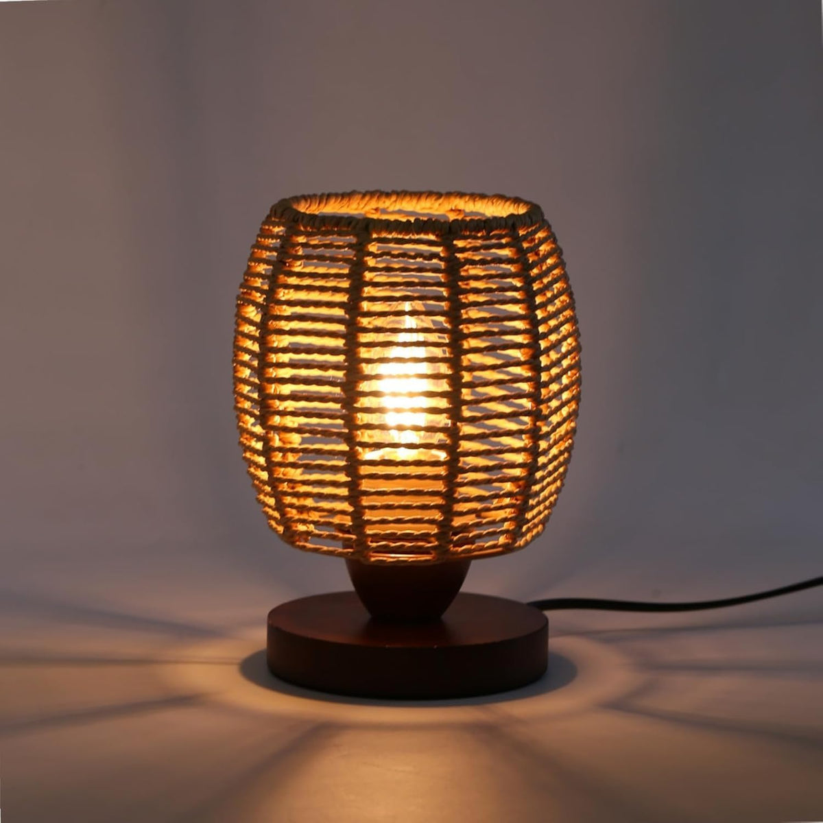 Small Rattan Table Lamp for Bedroom, Boho Bedside Lamp with Warm LED Bulb, Handwoven Wicker Nightstand Lamp for Nursery, Entryway & Dorm, Mini Ambient Night Light with Wood Base (8.6" Tall)