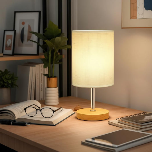 Small Table Lamp for Bedroom, Bedside Lamp with 3000K Warm LED Bulb Included, Nightstand Lamp for Living Room Office Dorm Kids Room, Easy Assemble Minimalist Cream Shade & Wood Base(5W)